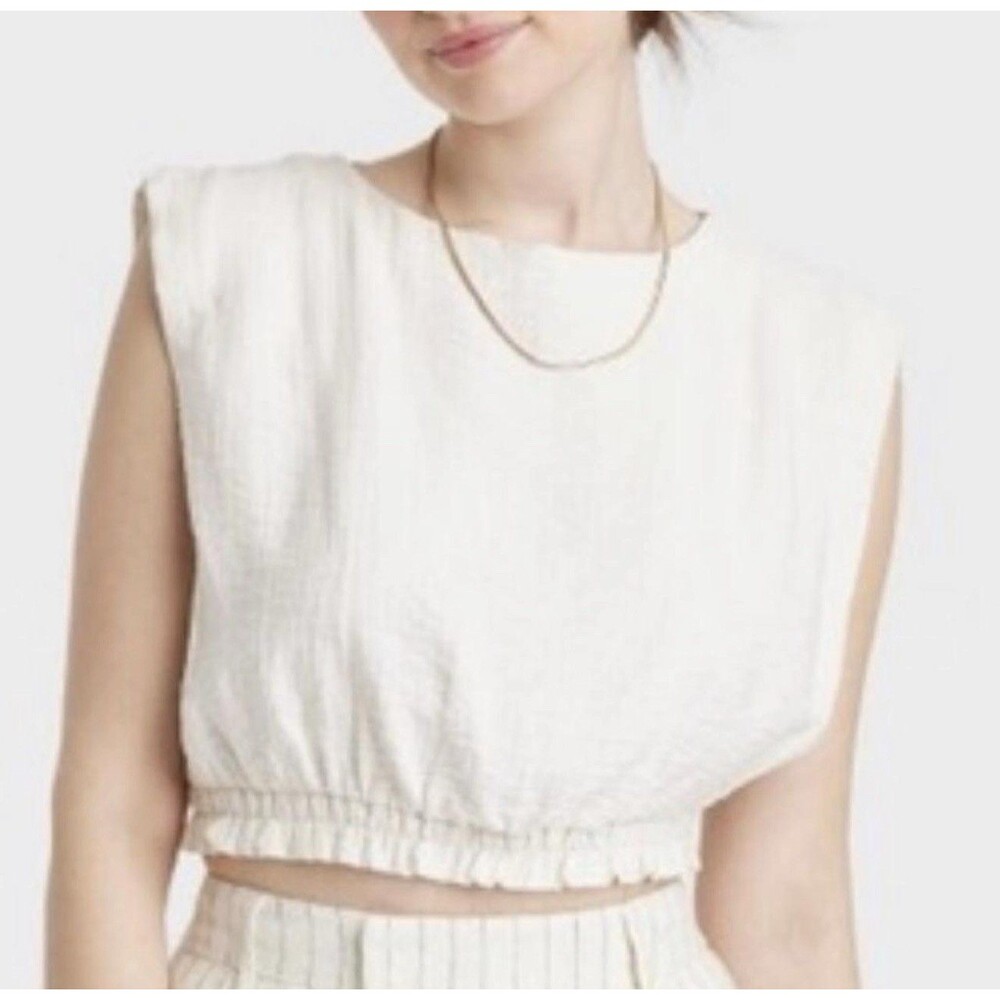A New Day Gauze Crop Blouse Size XXL Cream Keyhole Elastic Waist Sleeveless Top